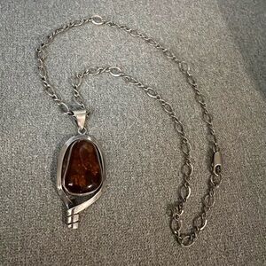 Vintage Amber Sterling Silver Pendant Necklace